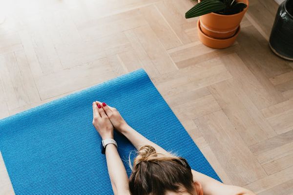 A neatly rolled yoga mat next to a small plant in a calm room.